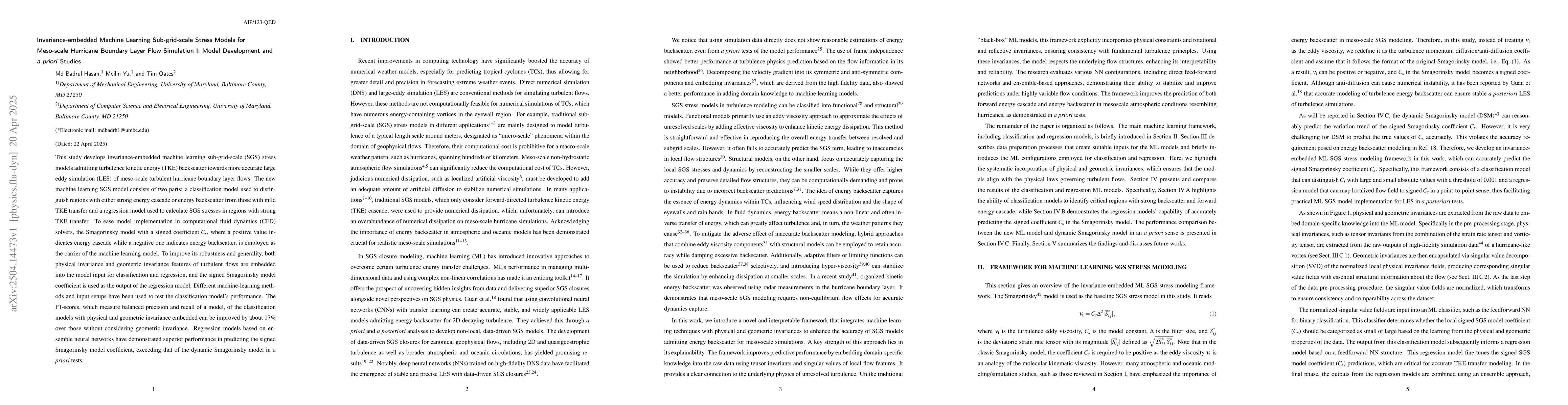 Thumbnail for Invariance-embedded Machine Learning Sub-grid-scale Stress Models for
  Meso-scale Hurricane Boundary Layer Flow Simulation I: Model Development and
  $\textit{a priori}$ Studies