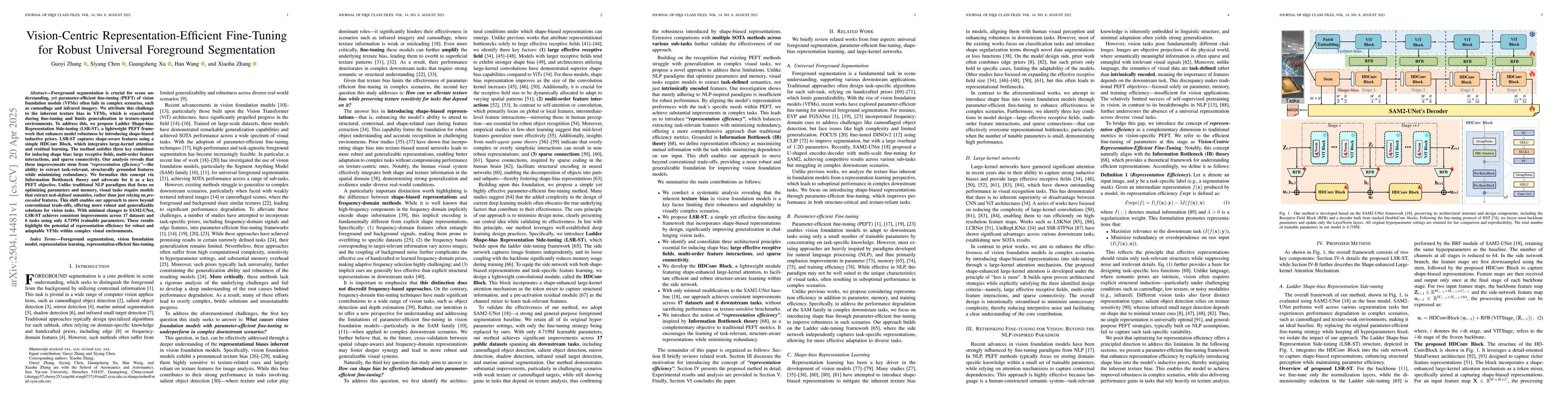Thumbnail for Vision-Centric Representation-Efficient Fine-Tuning for Robust Universal
  Foreground Segmentation