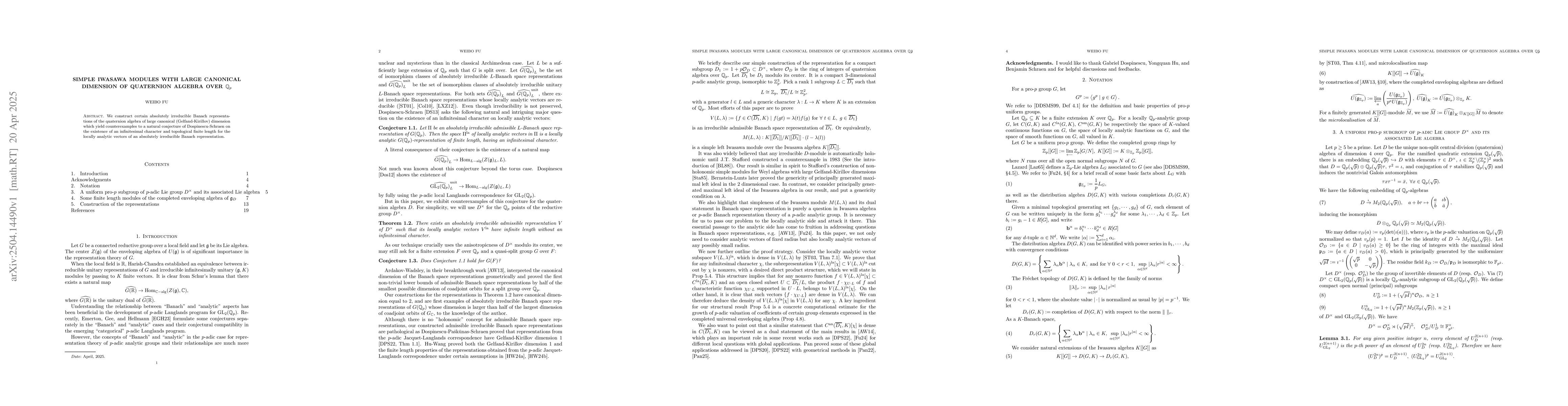 Thumbnail for Simple Iwasawa modules with large canonical dimension of quaternion
  algebra over $\mathbb{Q}_p$