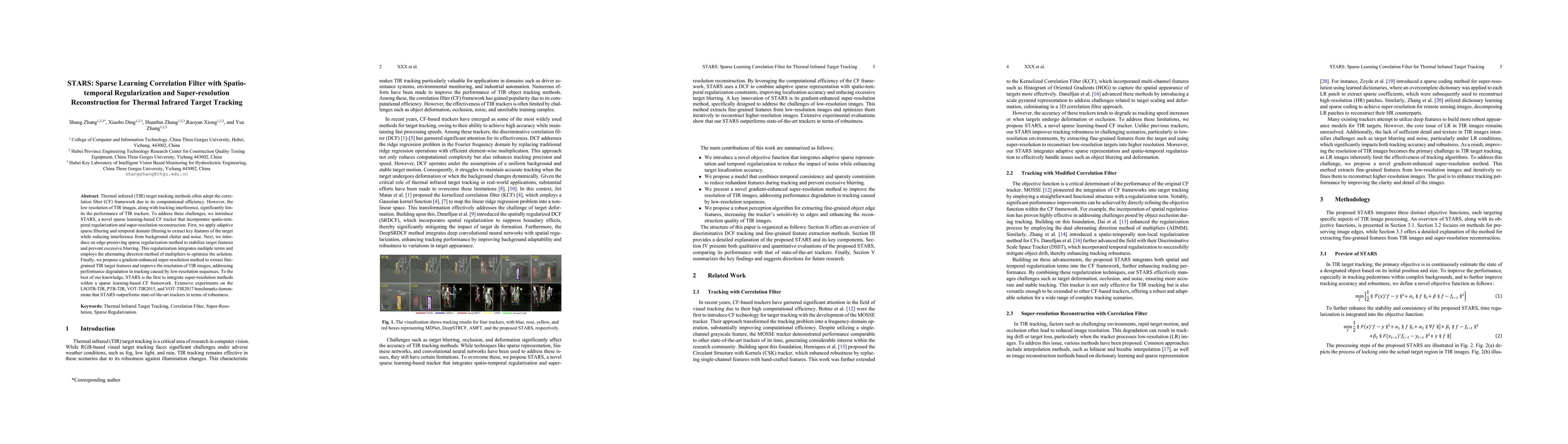 Thumbnail for STARS: Sparse Learning Correlation Filter with Spatio-temporal
  Regularization and Super-resolution Reconstruction for Thermal Infrared
  Target Tracking