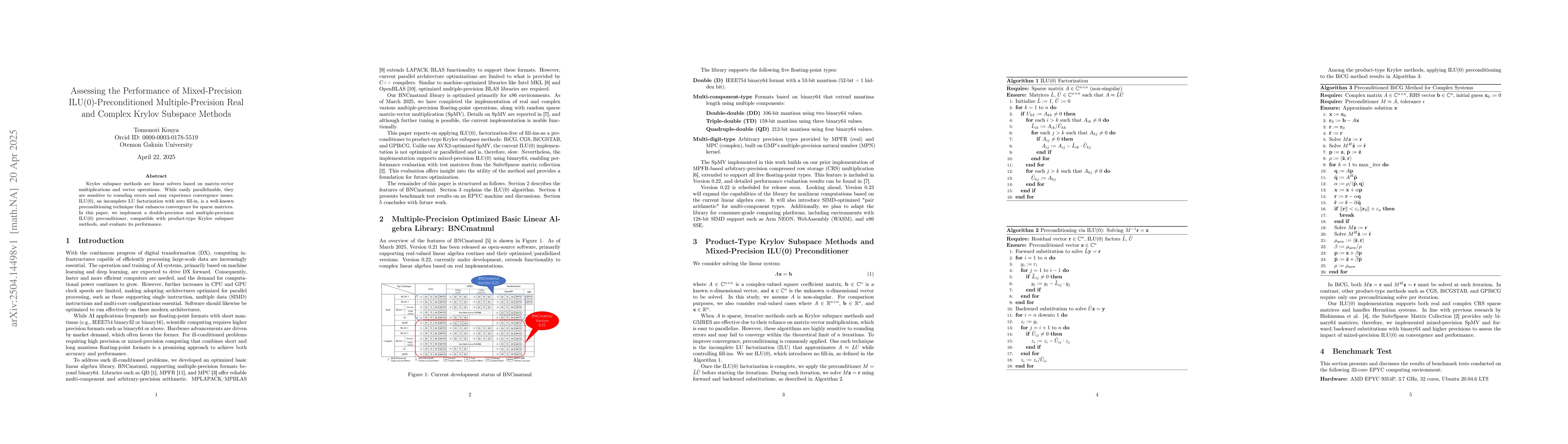 Thumbnail for Assessing the Performance of Mixed-Precision ILU(0)-Preconditioned
  Multiple-Precision Real and Complex Krylov Subspace Methods