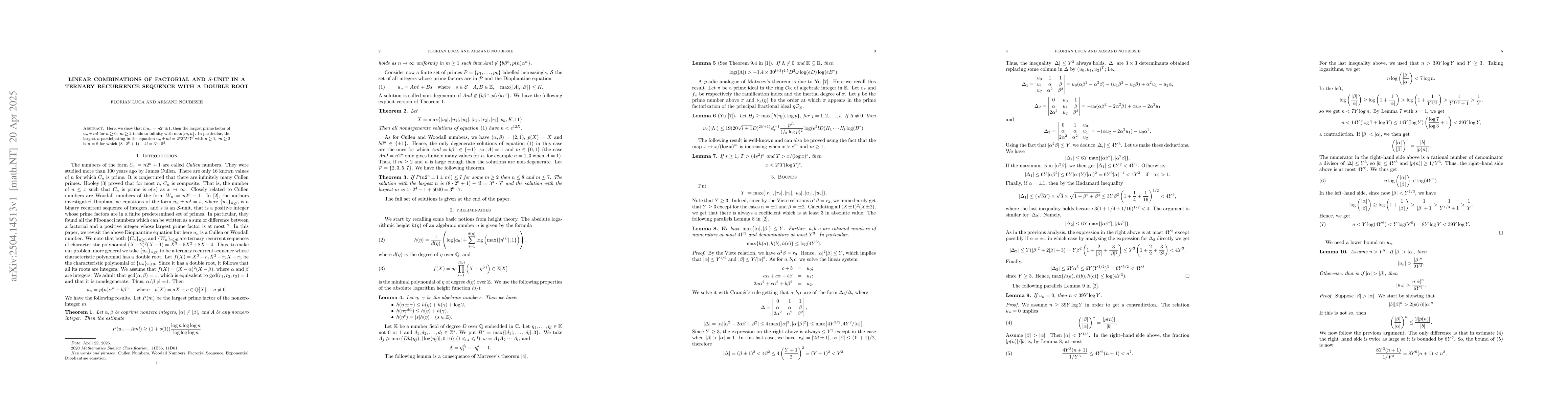 Thumbnail for Linear Combinations of Factorial and $S$-unit in a Ternary recurrence
  sequence with a double root