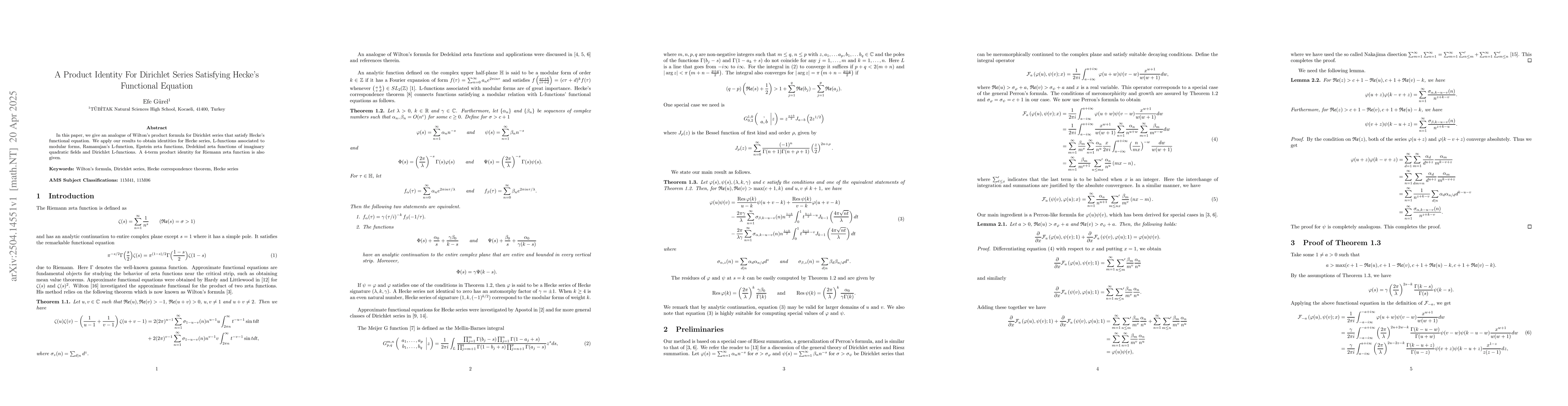 Thumbnail for A Product Identity For Dirichlet Series Satisfying Hecke's Functional
  Equation