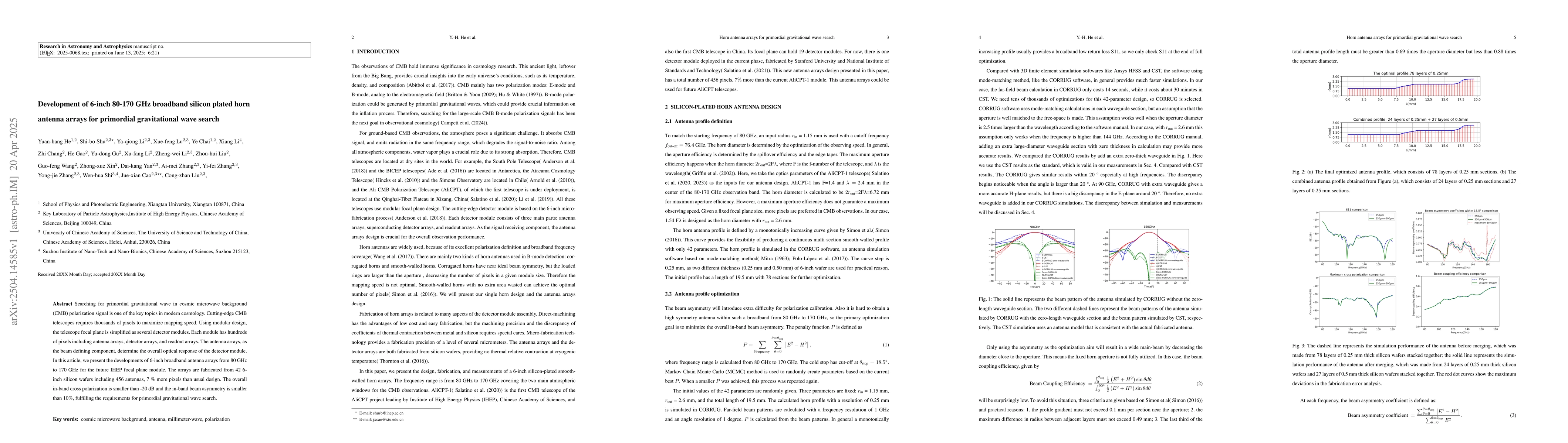 Thumbnail for Development of 6-inch 80-170 GHz broadband silicon plated horn antenna
  arrays for primordial gravitational wave search