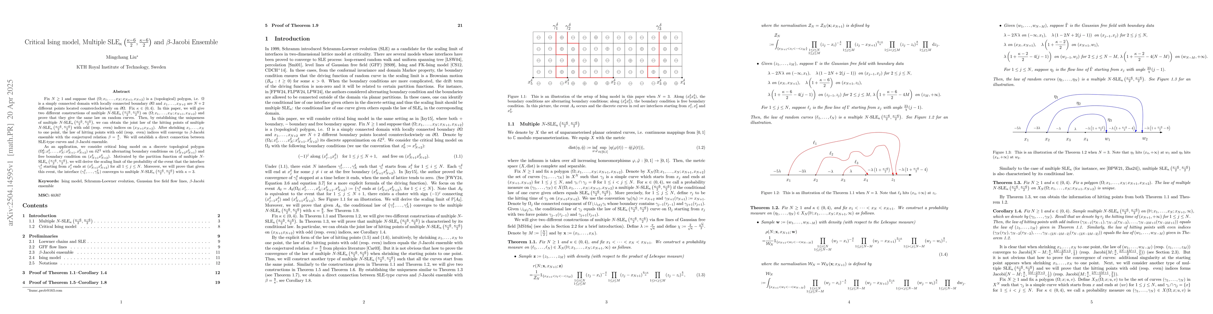 Thumbnail for Critical Ising model, Multiple
  SLE$_κ\left(\frac{κ-6}{2},\frac{κ-6}{2}\right)$ and
  $β$-Jacobi Ensemble