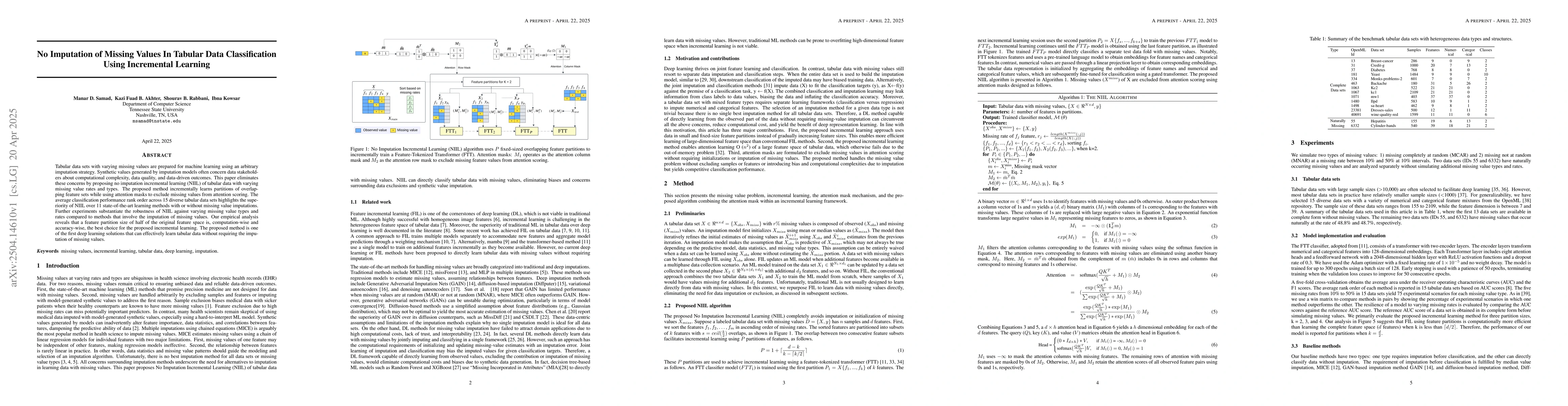 Thumbnail for No Imputation of Missing Values In Tabular Data Classification Using
  Incremental Learning