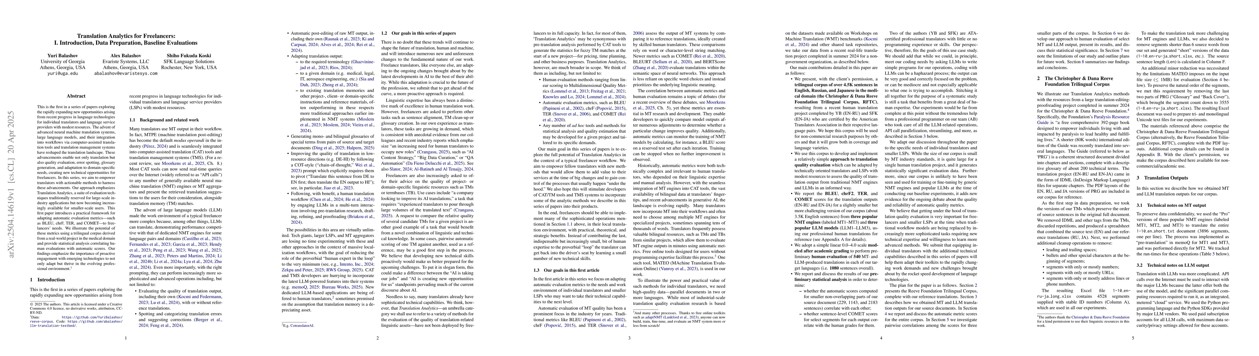 Thumbnail for Translation Analytics for Freelancers: I. Introduction, Data
  Preparation, Baseline Evaluations