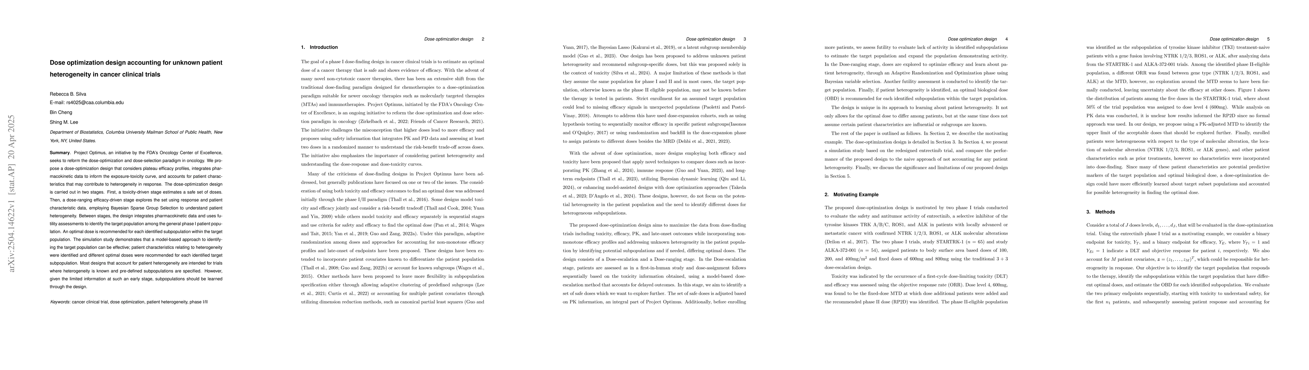 Thumbnail for Dose optimization design accounting for unknown patient heterogeneity in
  cancer clinical trials