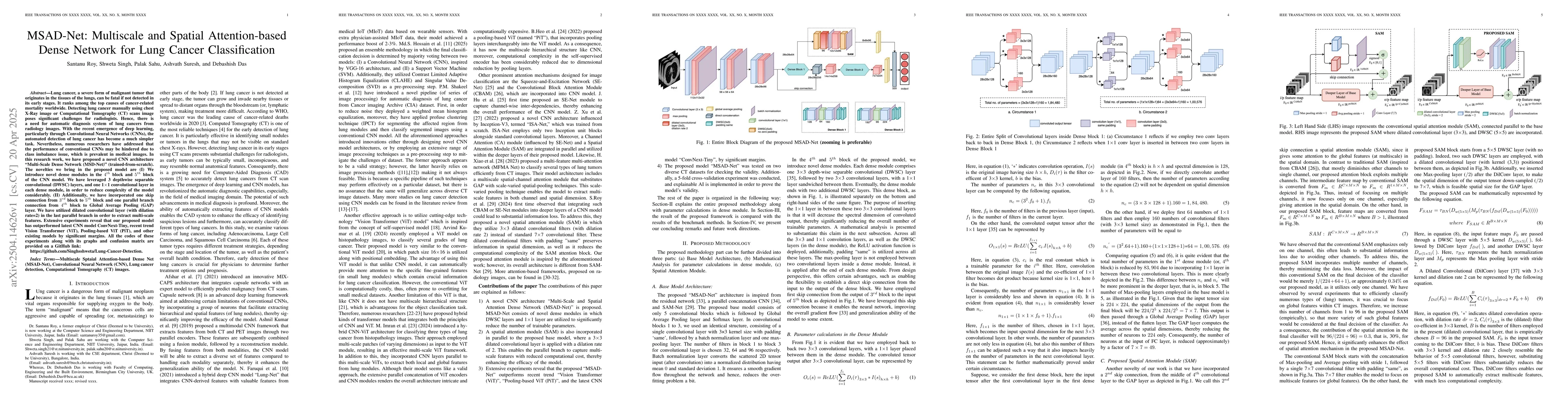Thumbnail for MSAD-Net: Multiscale and Spatial Attention-based Dense Network for Lung
  Cancer Classification