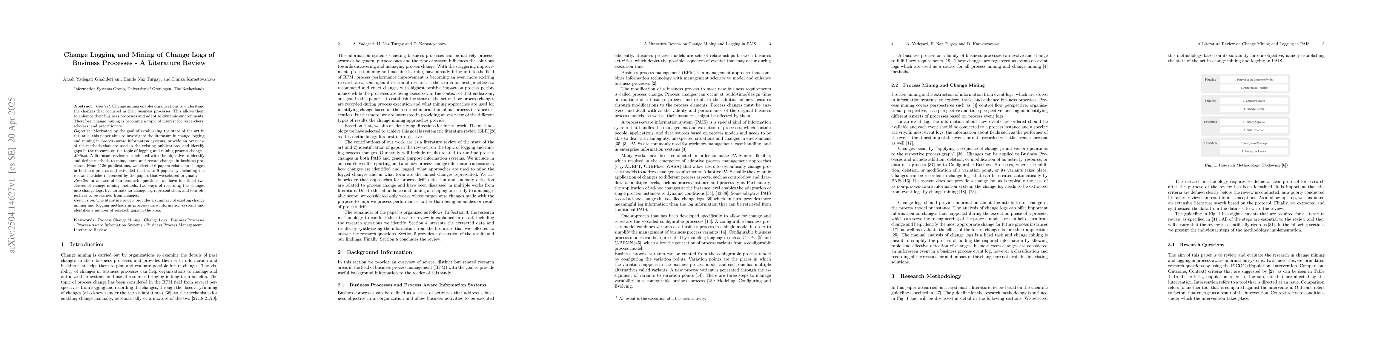 Thumbnail for Change Logging and Mining of Change Logs of Business Processes -- A
  Literature Review