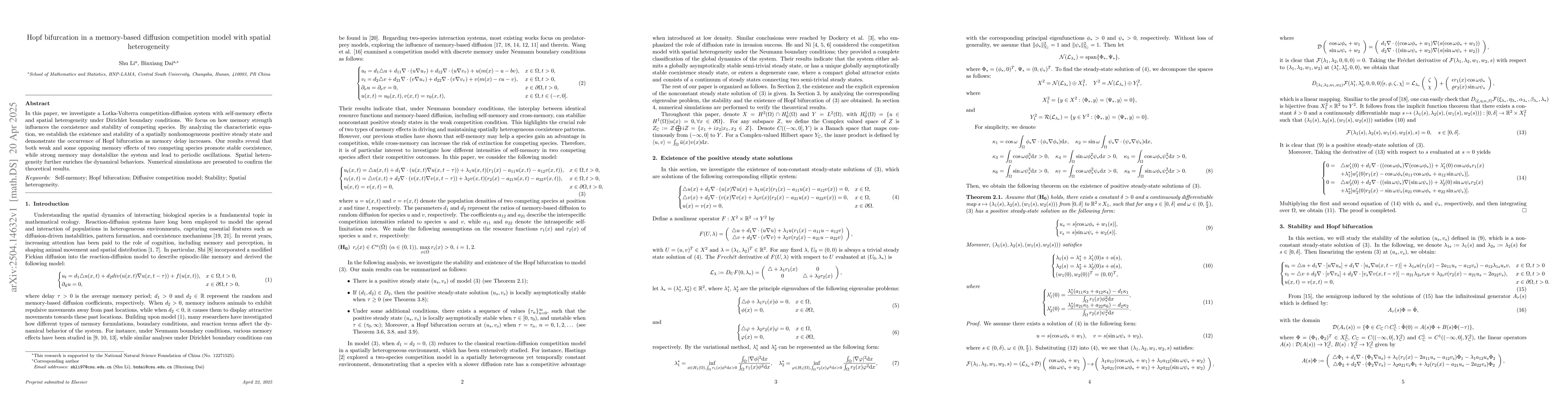 Thumbnail for Hopf bifurcation in a memory-based diffusion competition model with
  spatial heterogeneity