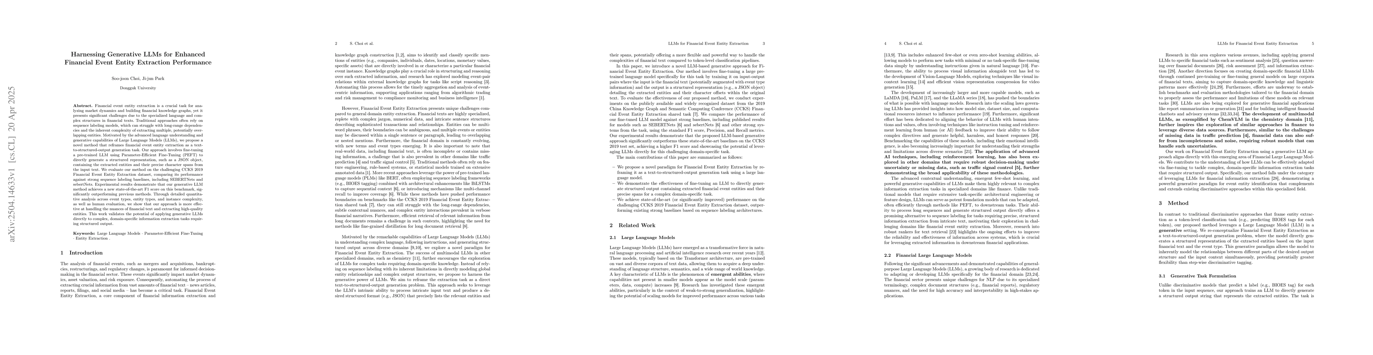 Thumbnail for Harnessing Generative LLMs for Enhanced Financial Event Entity
  Extraction Performance