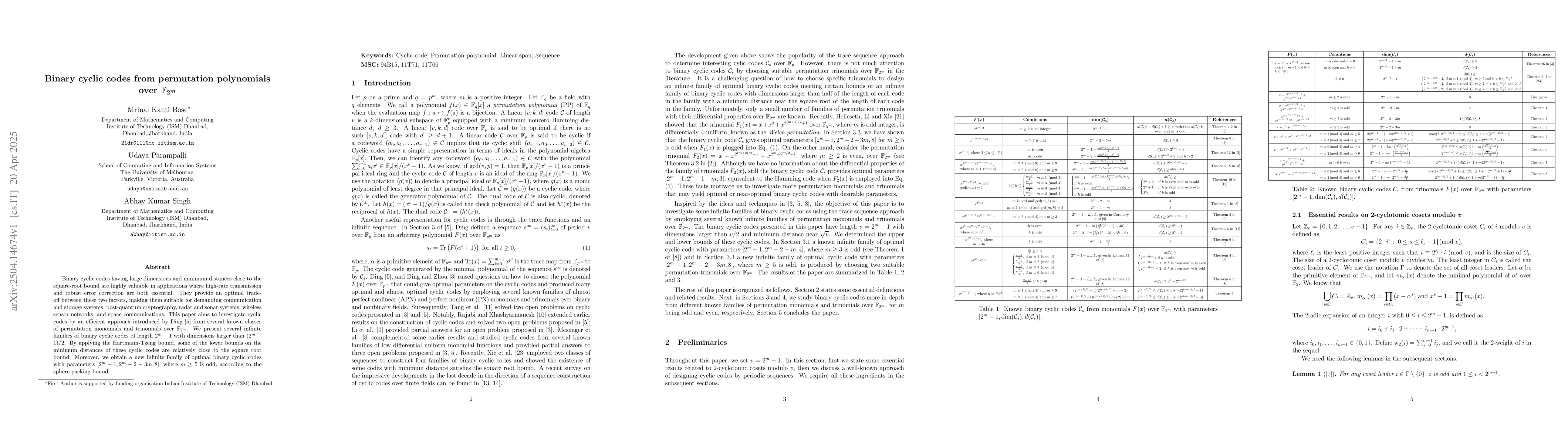 Thumbnail for Binary cyclic codes from permutation polynomials over $\mathbb{F}_{2^m}$