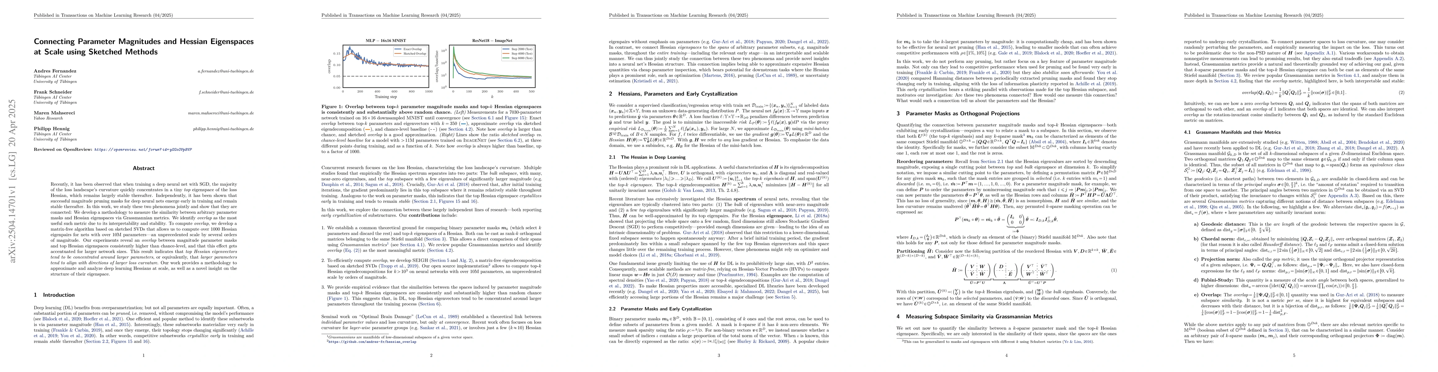 Thumbnail for Connecting Parameter Magnitudes and Hessian Eigenspaces at Scale using
  Sketched Methods