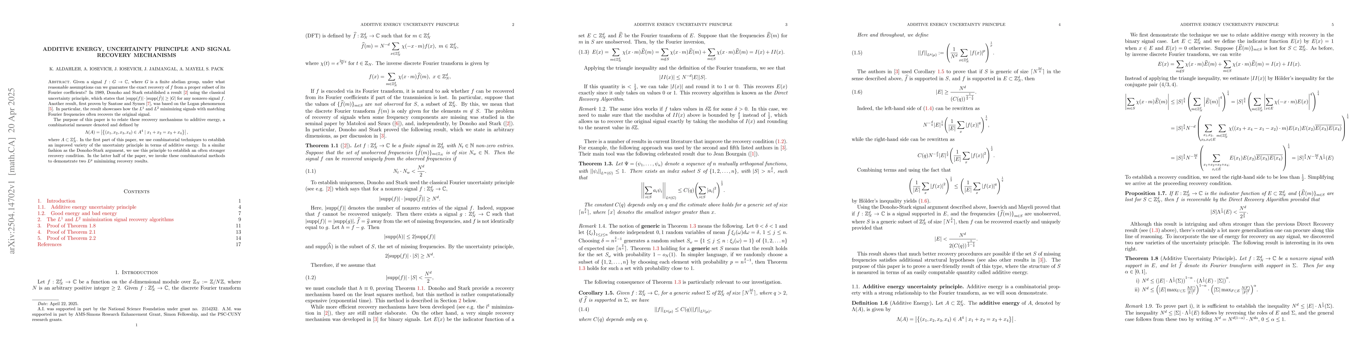 Thumbnail for Additive energy, uncertainty principle and signal recovery mechanisms