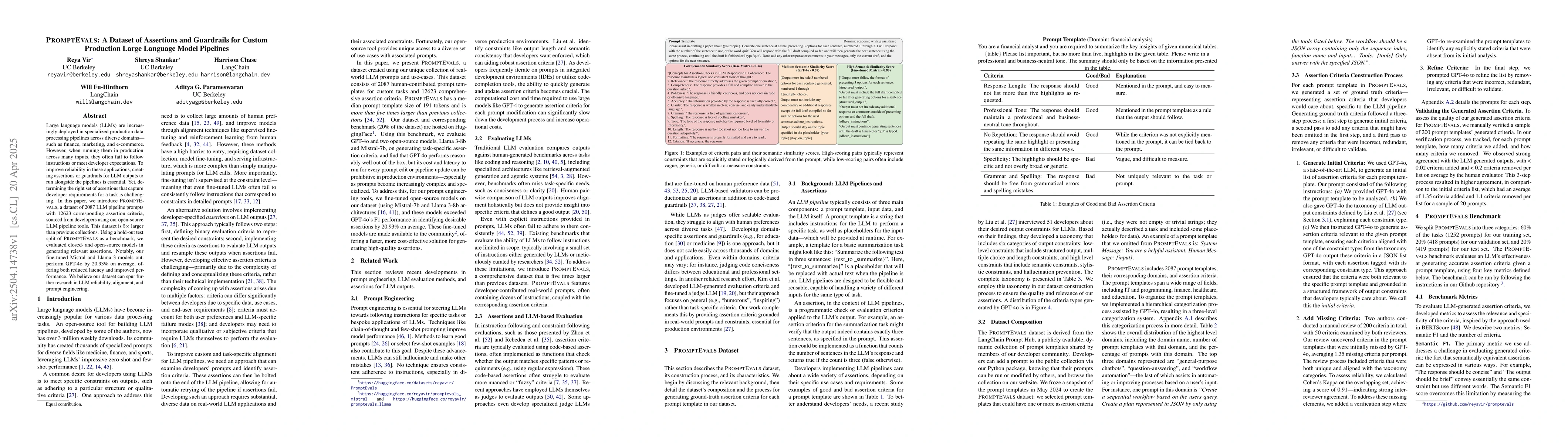 Thumbnail for PROMPTEVALS: A Dataset of Assertions and Guardrails for Custom
  Production Large Language Model Pipelines