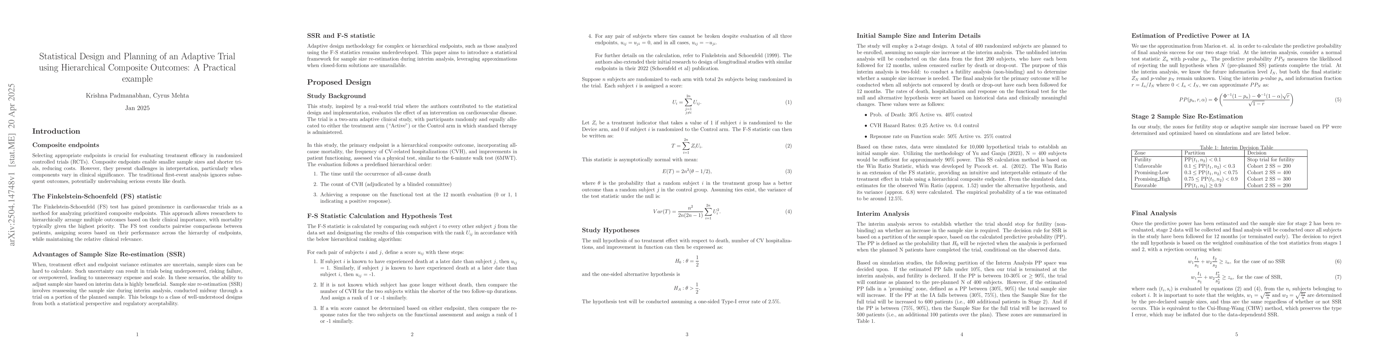 Thumbnail for Statistical Design and Planning of an Adaptive Trial using Hierarchical
  Composite Outcomes: A Practical example