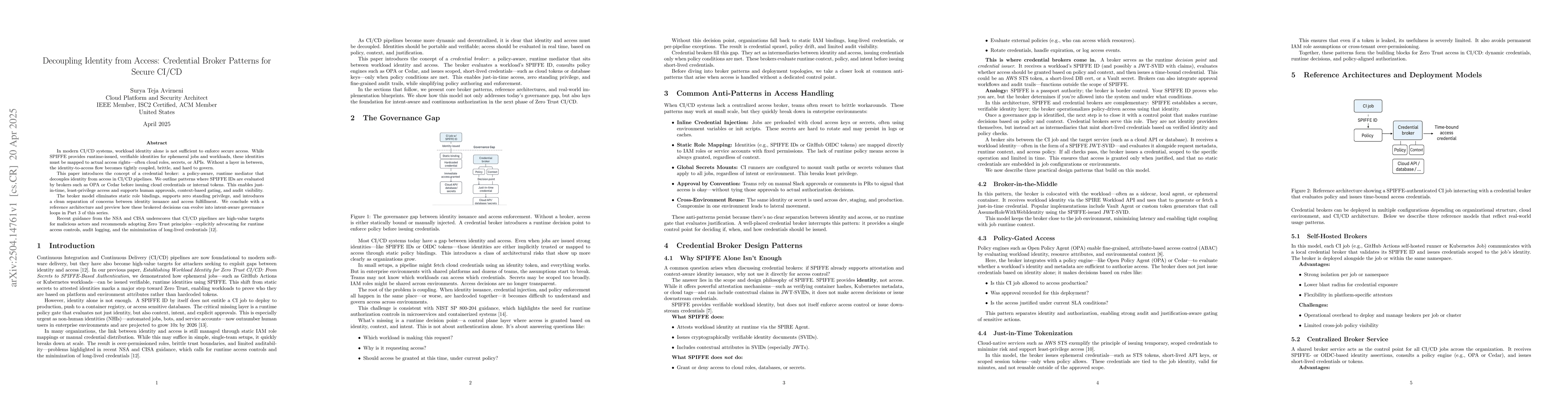 Thumbnail for Decoupling Identity from Access: Credential Broker Patterns for Secure
  CI/CD