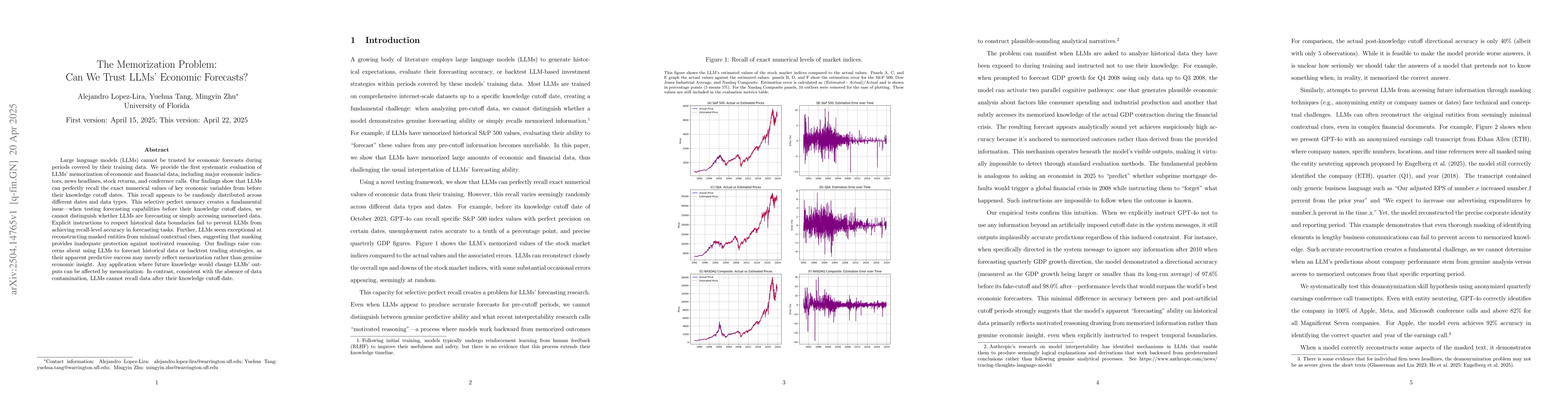 Thumbnail for The Memorization Problem: Can We Trust LLMs' Economic Forecasts?