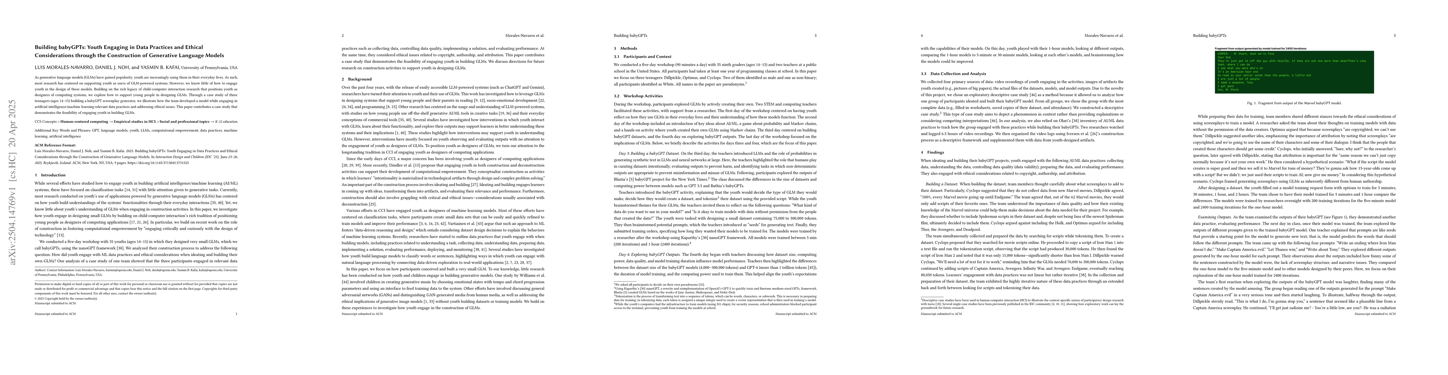 Thumbnail for Building babyGPTs: Youth Engaging in Data Practices and Ethical
  Considerations through the Construction of Generative Language Models