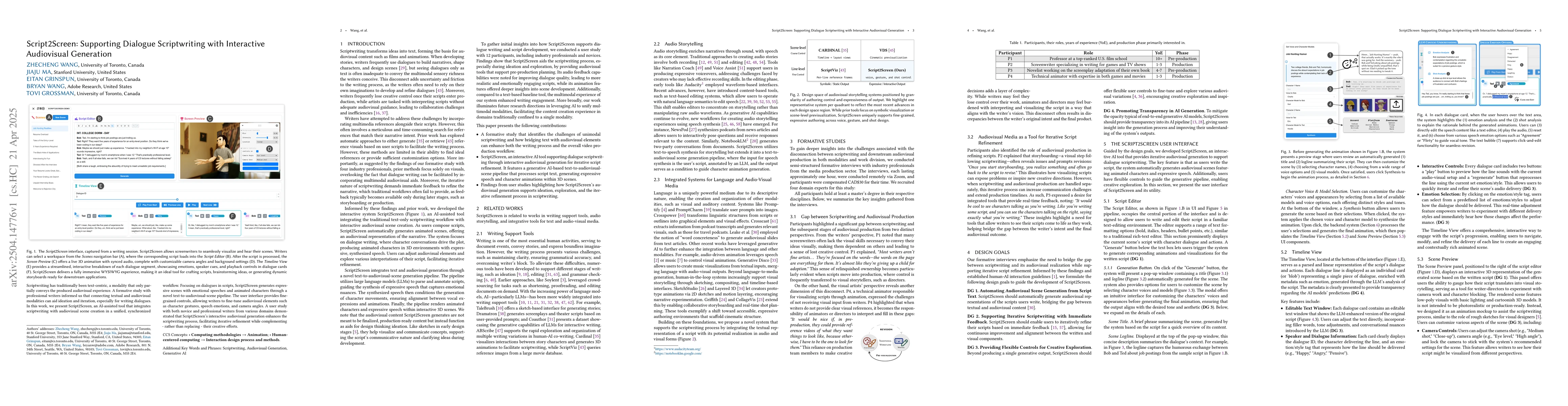 Thumbnail for Script2Screen: Supporting Dialogue Scriptwriting with Interactive
  Audiovisual Generation