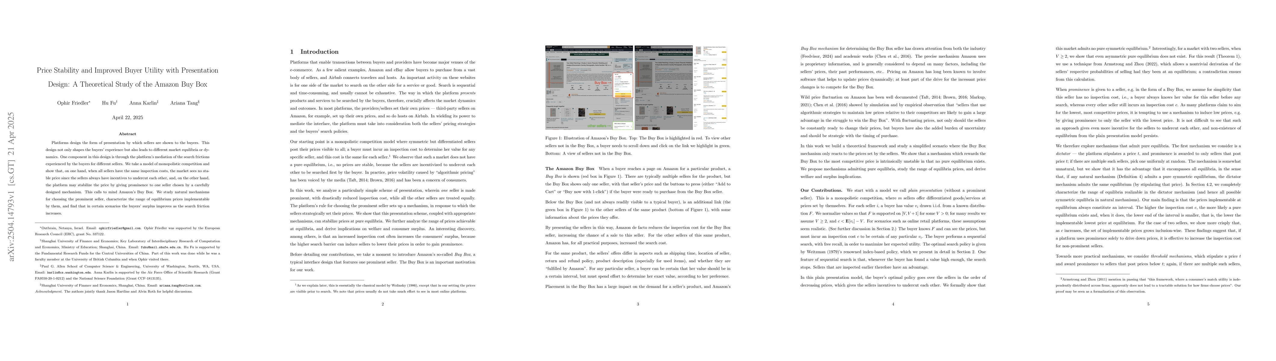 Thumbnail for Price Stability and Improved Buyer Utility with Presentation Design: A
  Theoretical Study of the Amazon Buy Box