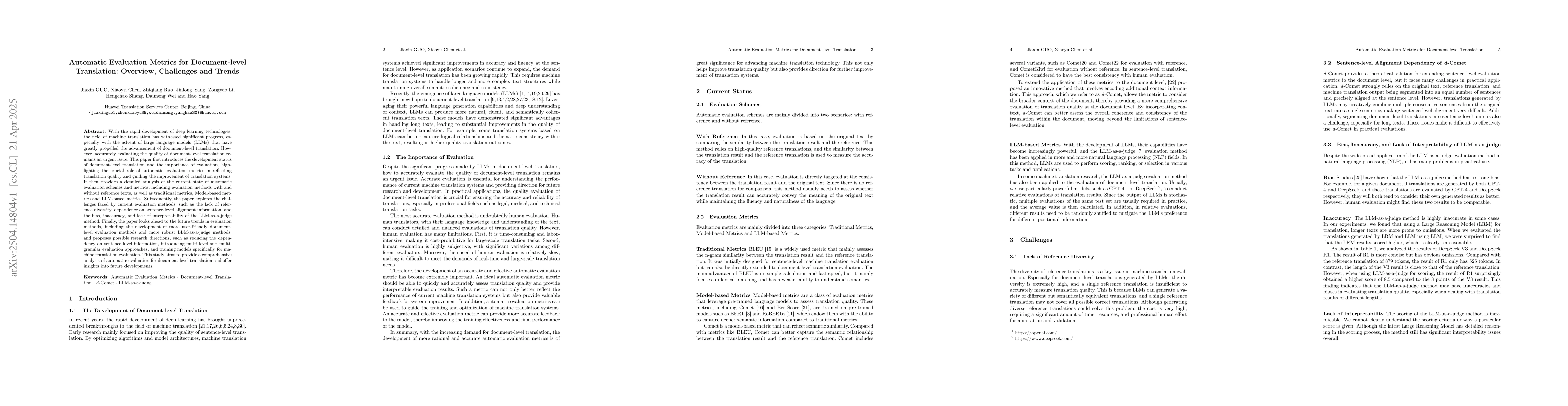 Thumbnail for Automatic Evaluation Metrics for Document-level Translation: Overview,
  Challenges and Trends