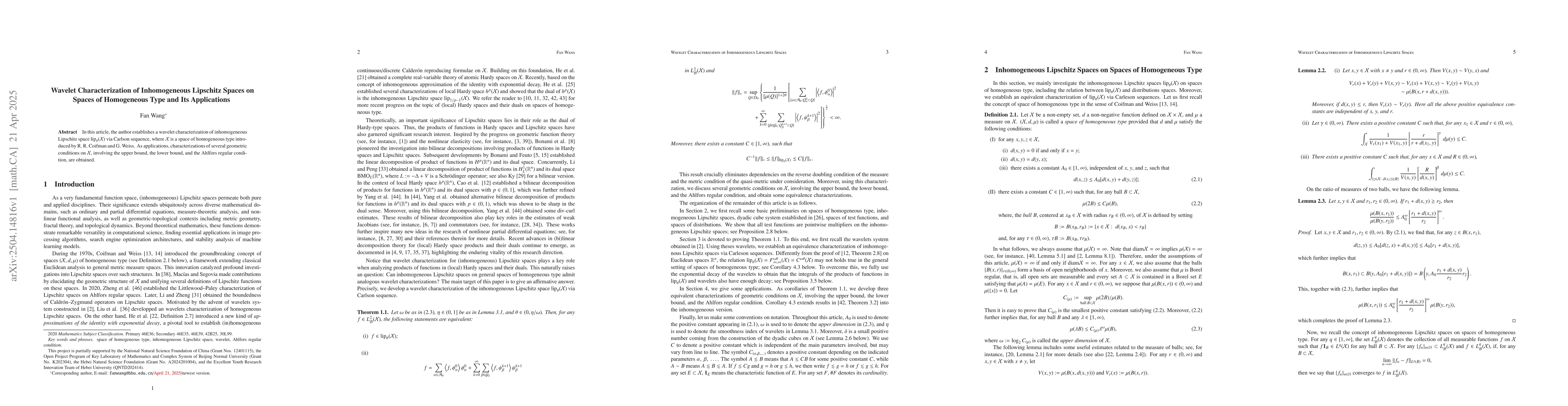 Thumbnail for Wavelet Characterization of Inhomogeneous Lipschitz Spaces on Spaces of
  Homogeneous Type and Its Applications