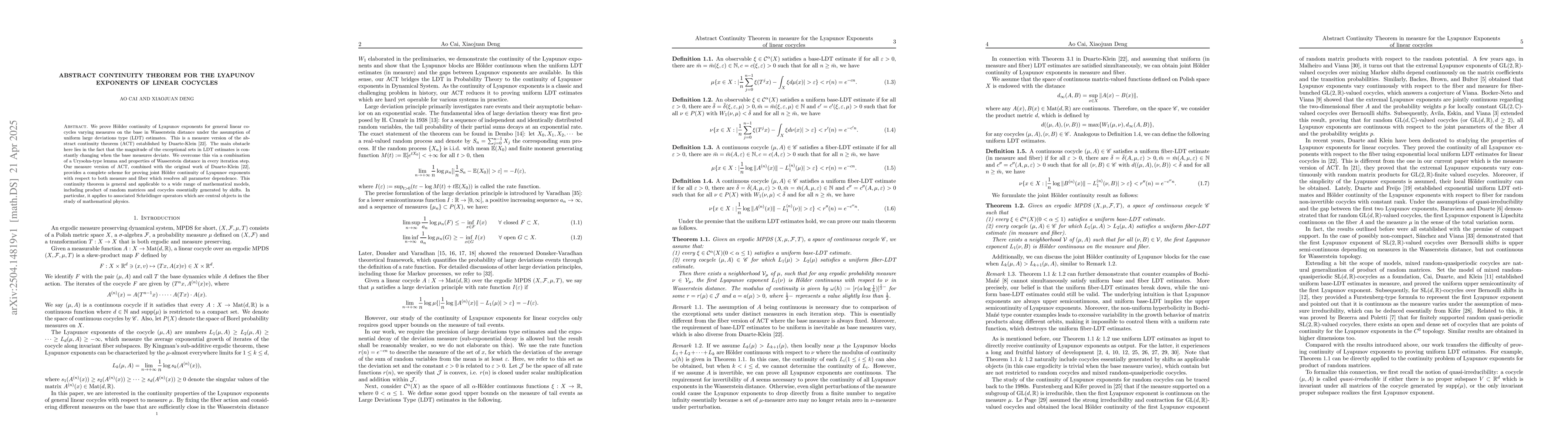 Thumbnail for Abstract Continuity Theorem for the Lyapunov Exponents of linear
  cocycles