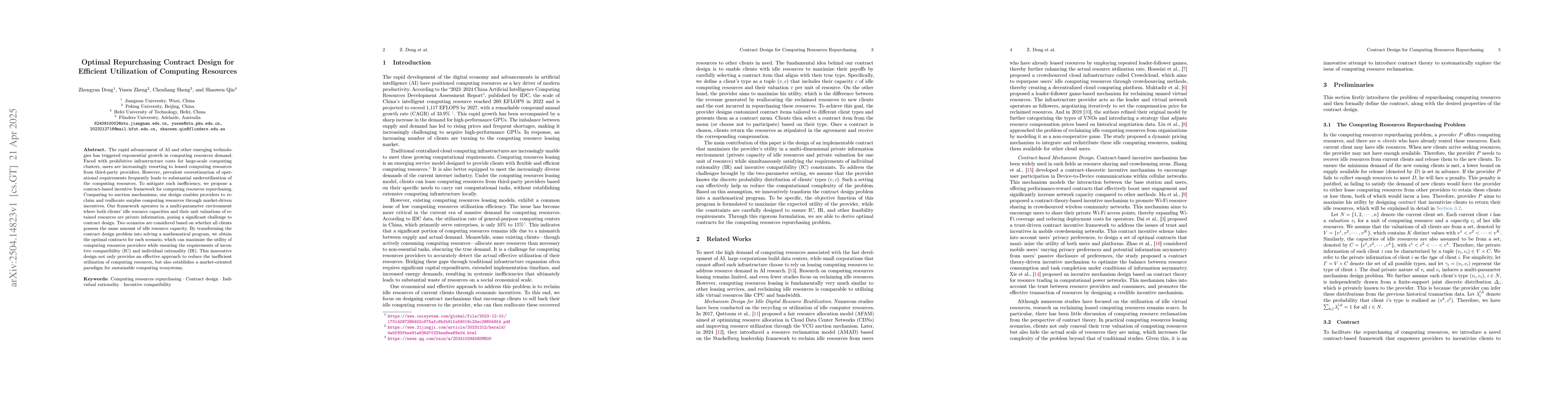 Thumbnail for Optimal Repurchasing Contract Design for Efficient Utilization of
  Computing Resources