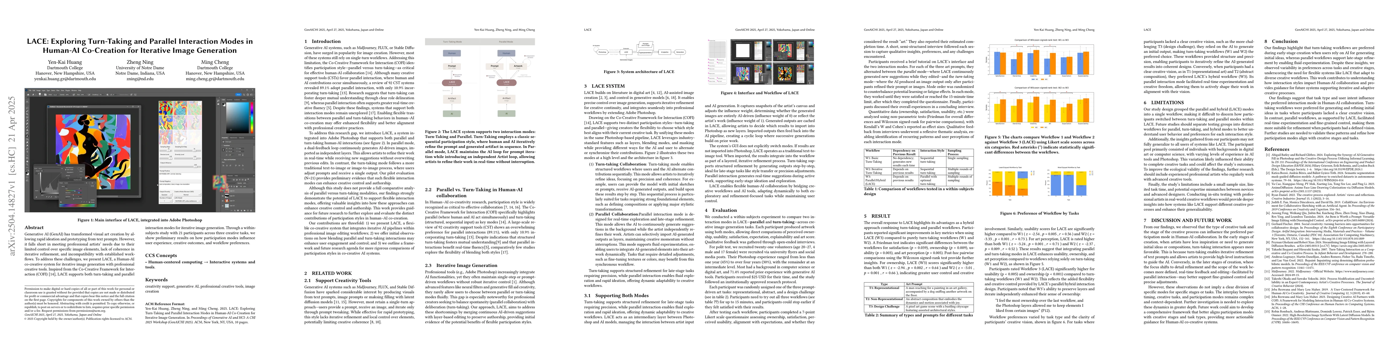 Thumbnail for LACE: Exploring Turn-Taking and Parallel Interaction Modes in Human-AI
  Co-Creation for Iterative Image Generation