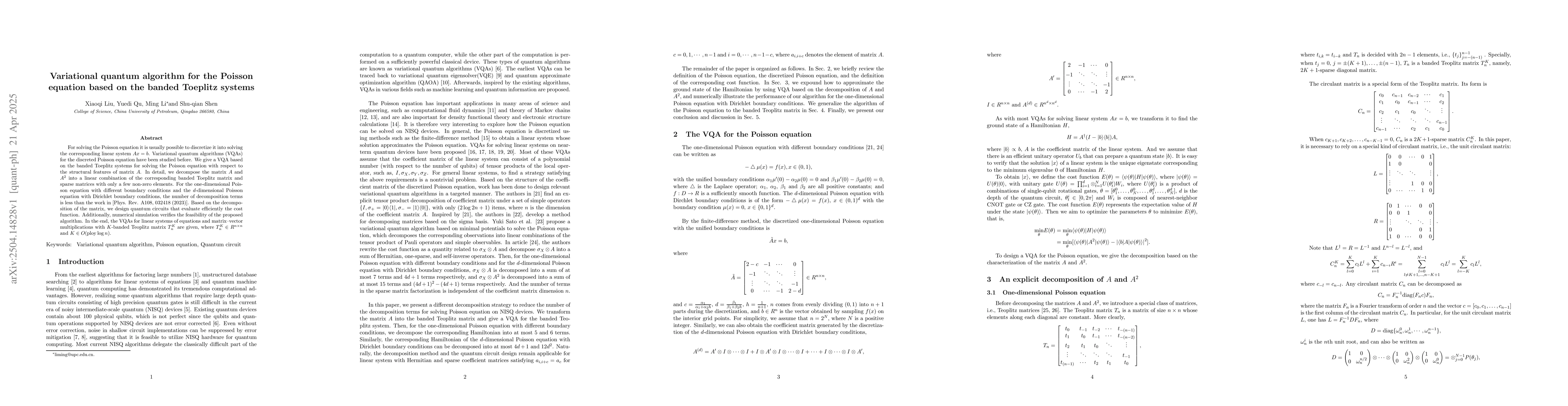 Thumbnail for Variational quantum algorithm for the Poisson equation based on the
  banded Toeplitz systems