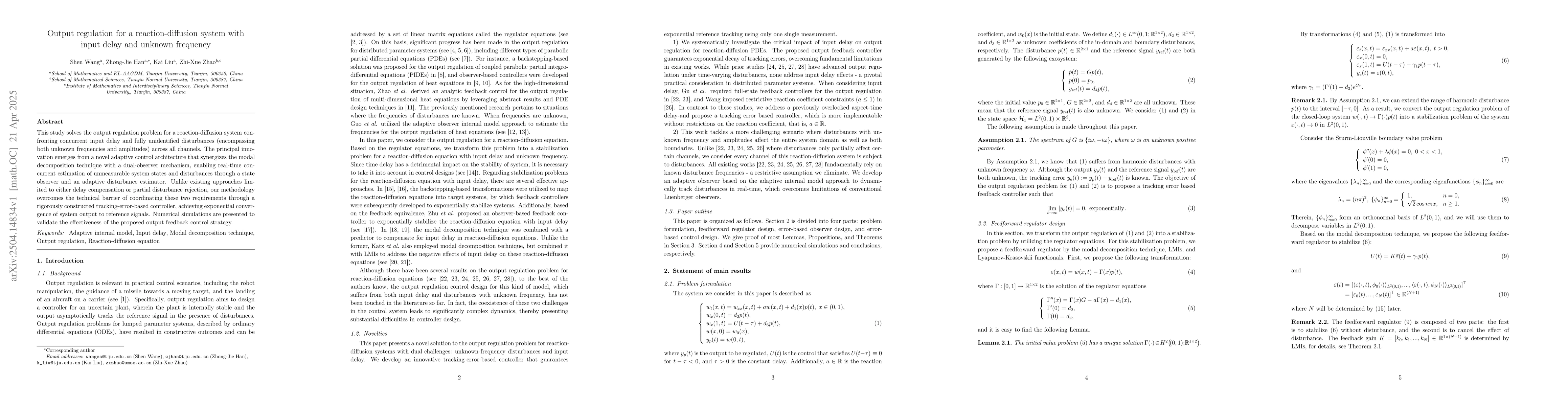 Thumbnail for Output regulation for a reaction-diffusion system with input delay and
  unknown frequency