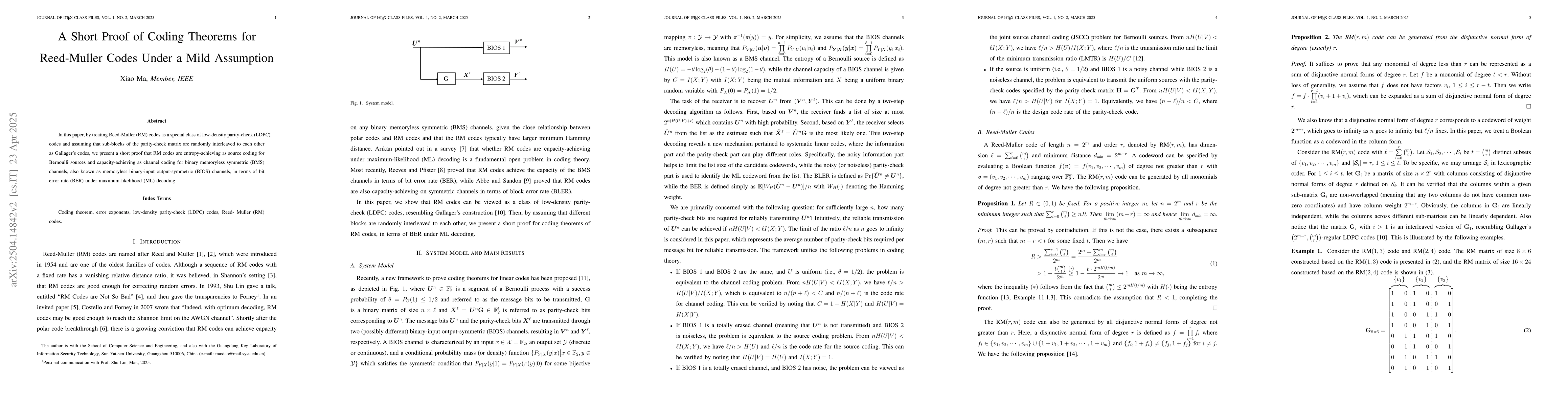 Thumbnail for A Short Proof of Coding Theorems for Reed-Muller Codes Under a Mild
  Assumption