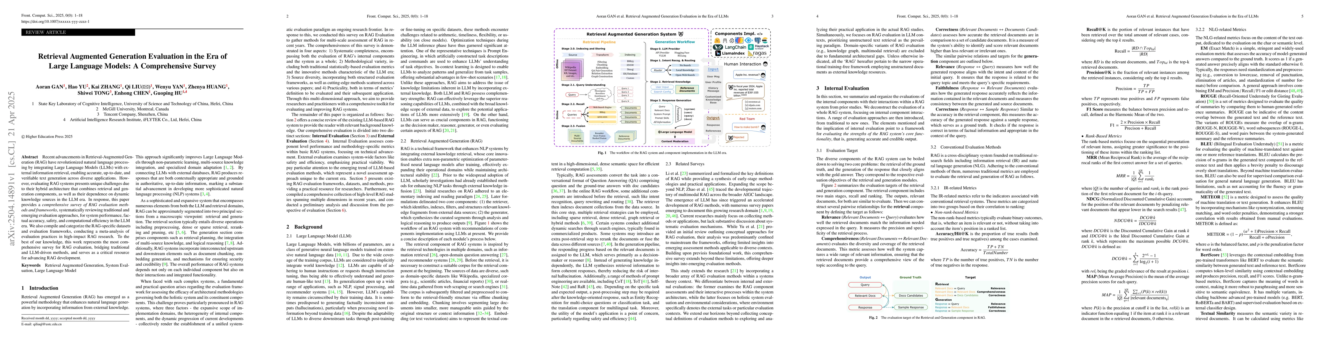 Thumbnail for Retrieval Augmented Generation Evaluation in the Era of Large Language
  Models: A Comprehensive Survey