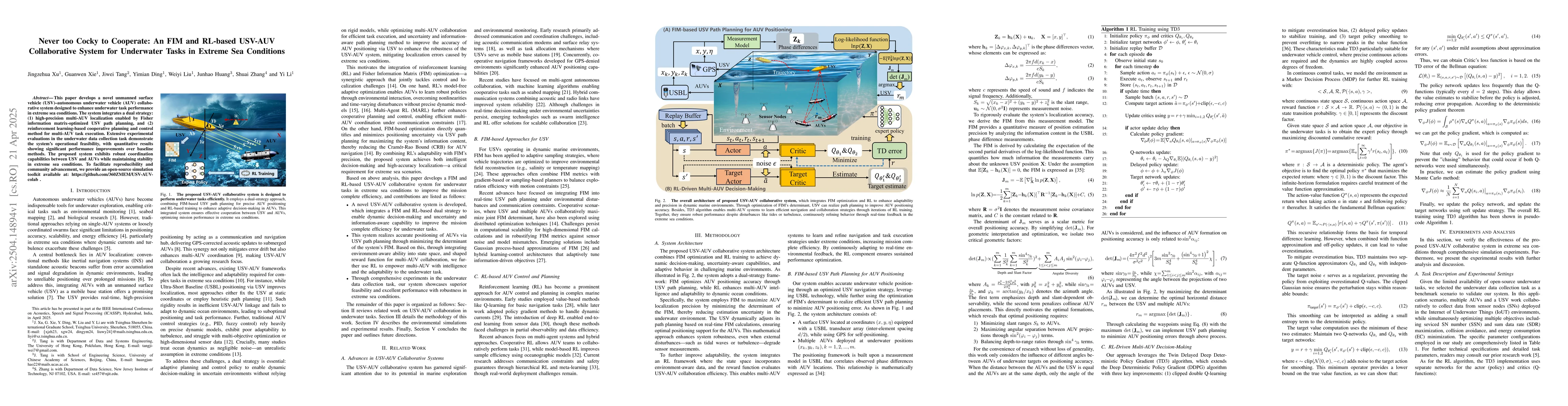 Thumbnail for Never too Cocky to Cooperate: An FIM and RL-based USV-AUV Collaborative
  System for Underwater Tasks in Extreme Sea Conditions