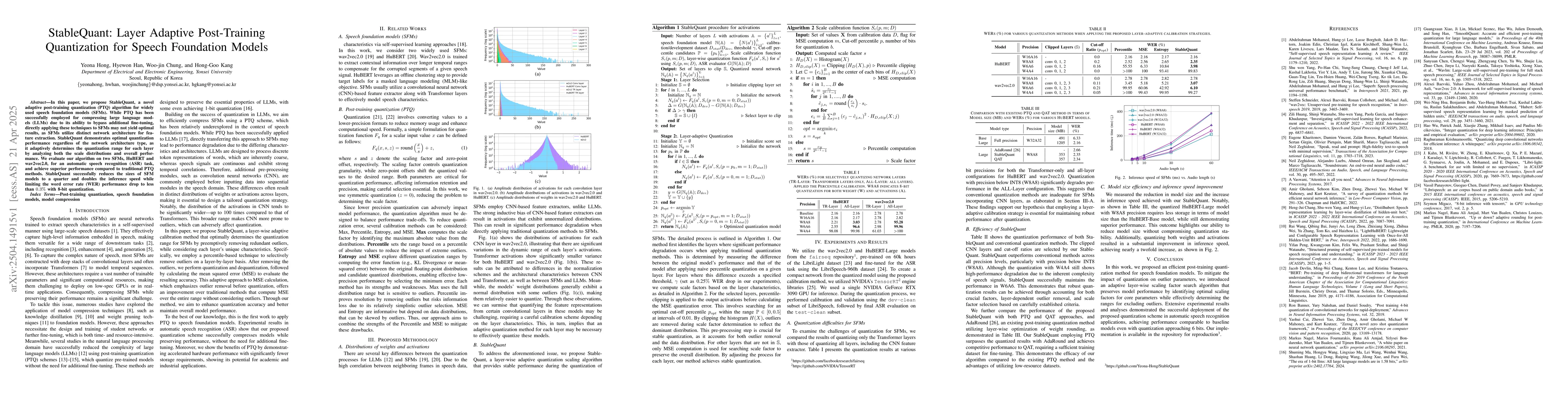 Thumbnail for StableQuant: Layer Adaptive Post-Training Quantization for Speech
  Foundation Models