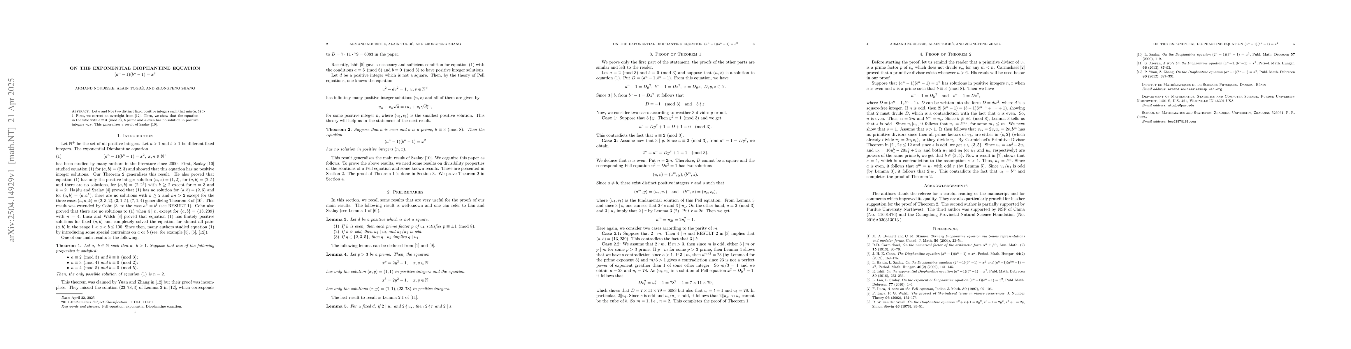 Thumbnail for On the Exponential Diophantine Equation $(a^n-1)(b^n-1)=x^2$