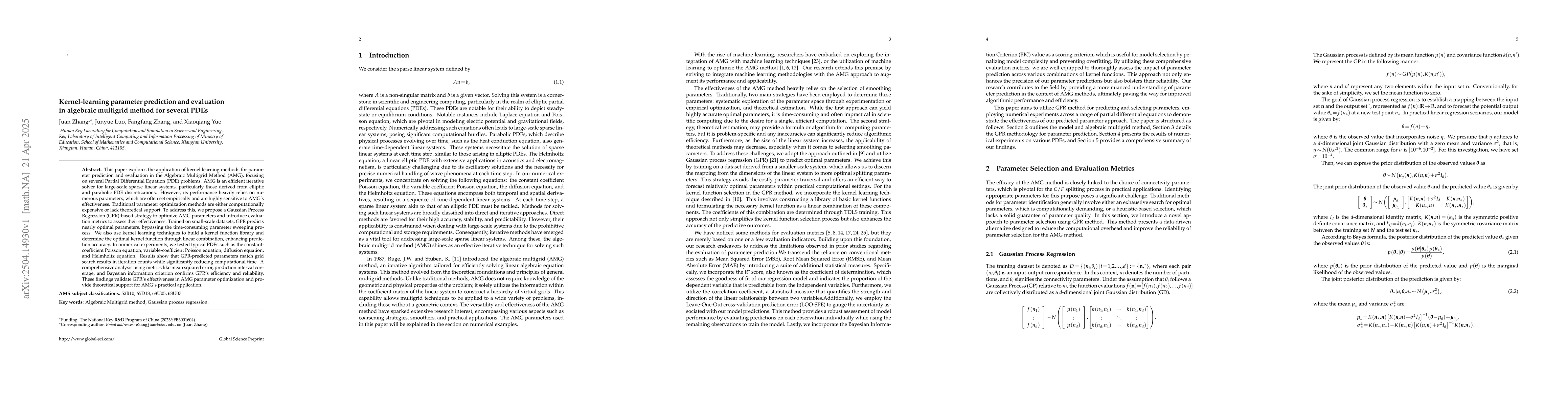 Thumbnail for Kernel-learning parameter prediction and evaluation in algebraic
  multigrid method for several PDEs