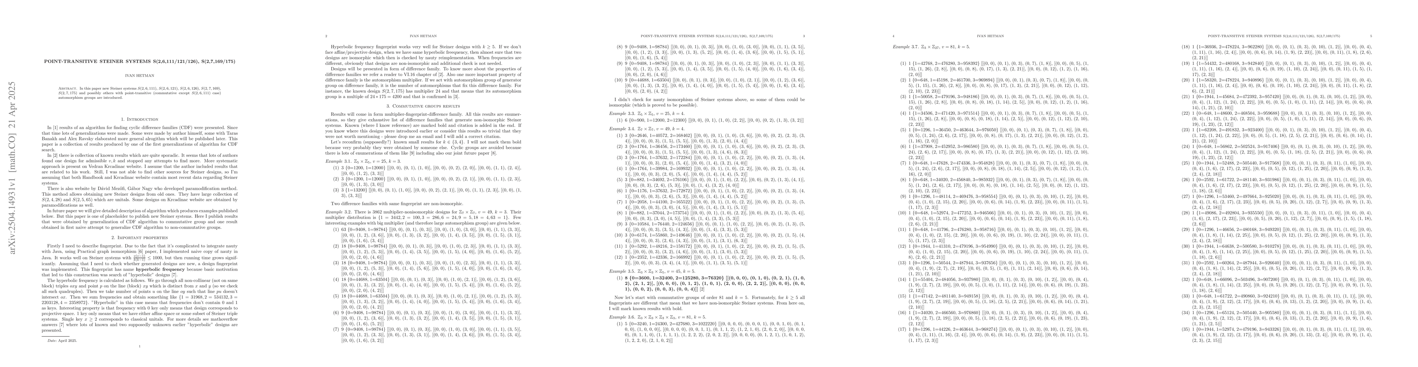 Thumbnail for Point-transitive Steiner systems S(2,6,111/121/126), S(2,7,169/175)
