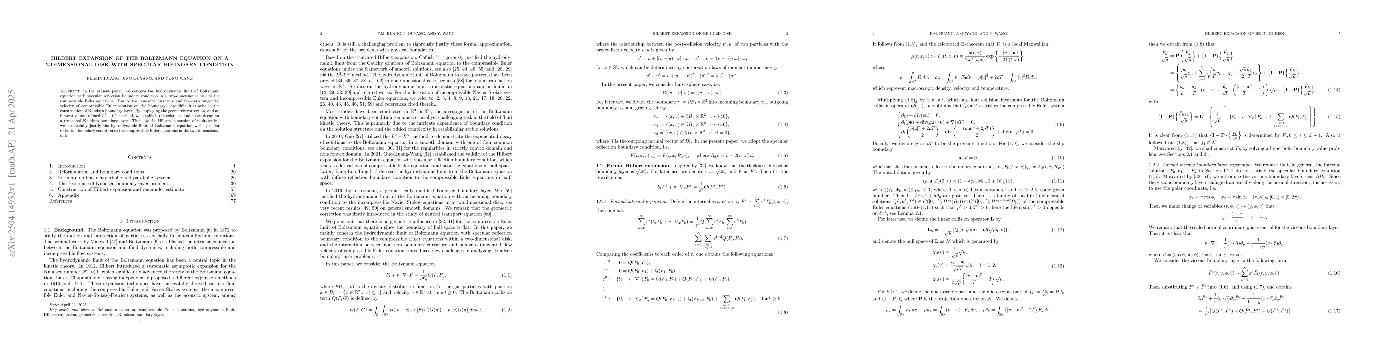 Thumbnail for Hilbert expansion of the Boltzmann equation on a 2-dimensional disk with
  specular boundary condition