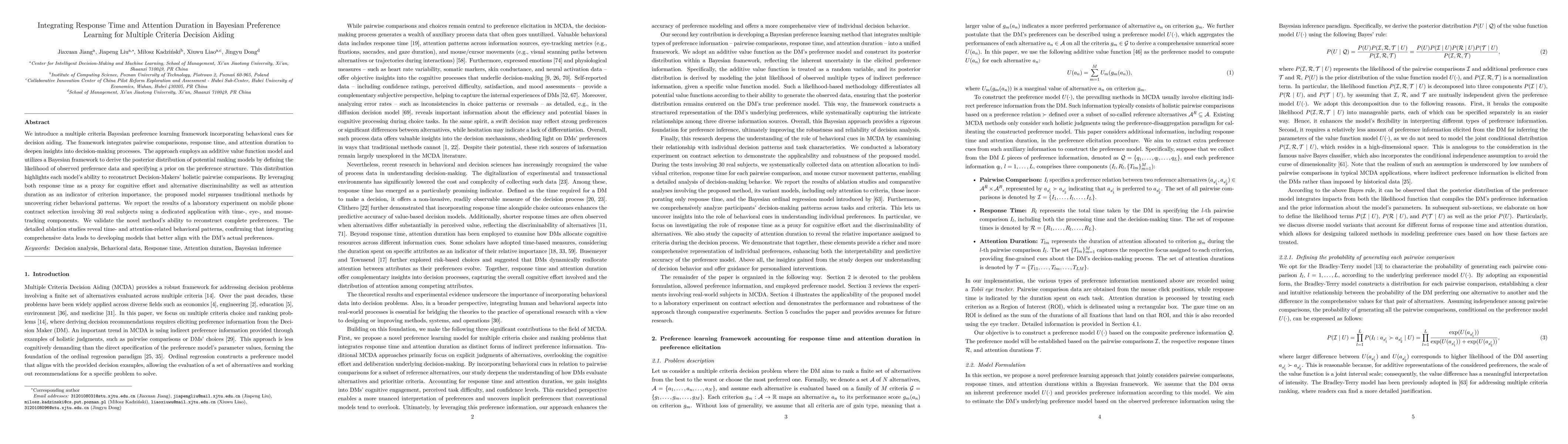Thumbnail for Integrating Response Time and Attention Duration in Bayesian Preference
  Learning for Multiple Criteria Decision Aiding