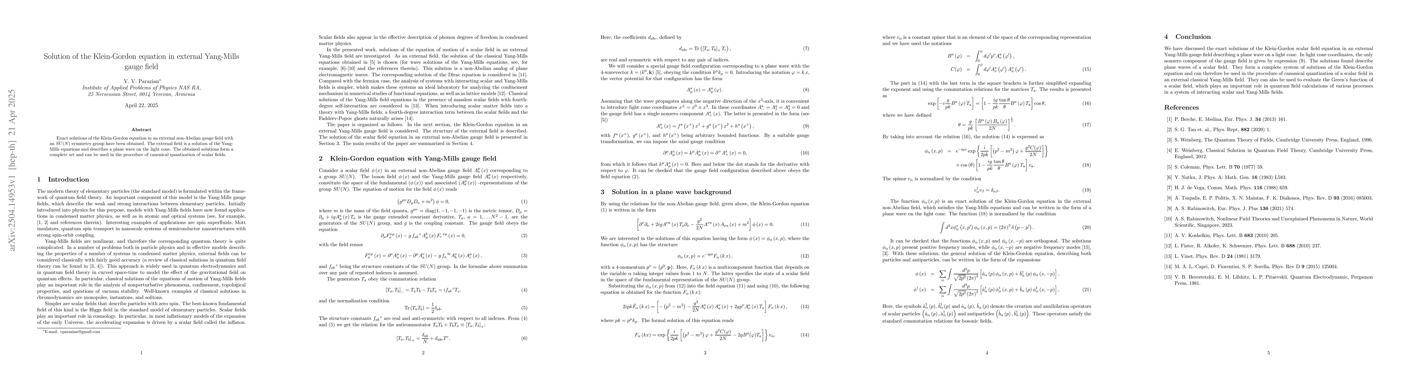 Thumbnail for Solution of the Klein-Gordon equation in external Yang-Mills gauge field