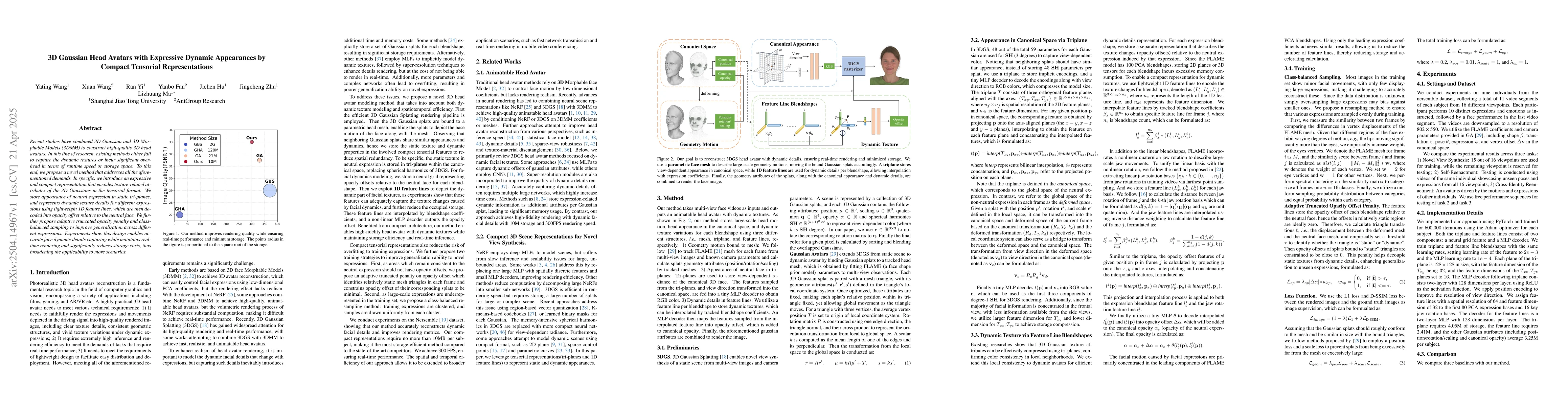 Thumbnail for 3D Gaussian Head Avatars with Expressive Dynamic Appearances by Compact
  Tensorial Representations