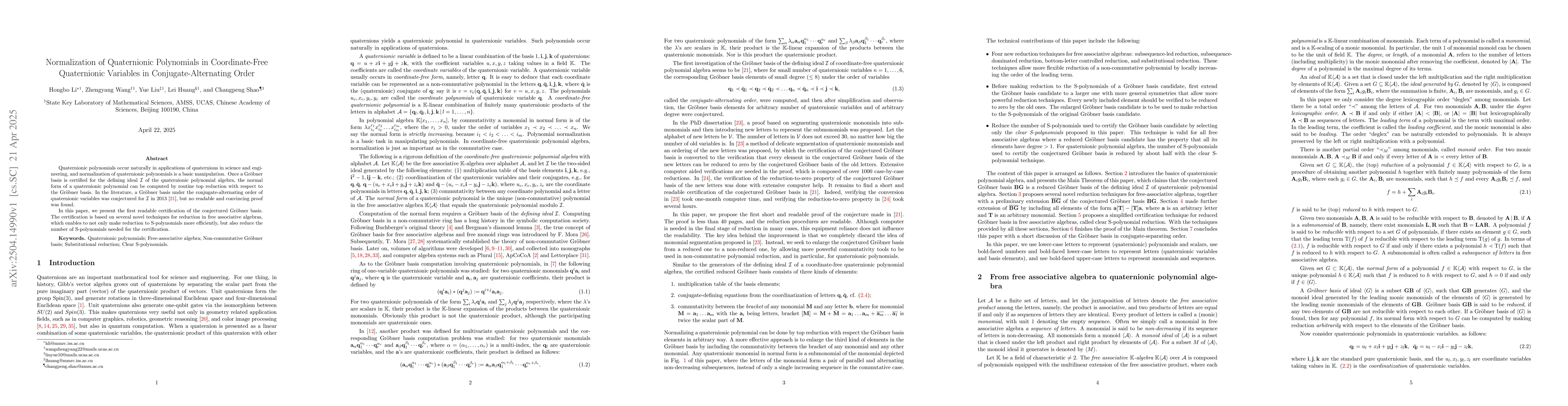 Thumbnail for Normalization of Quaternionic Polynomials in Coordinate-Free
  Quaternionic Variables in Conjugate-Alternating Order