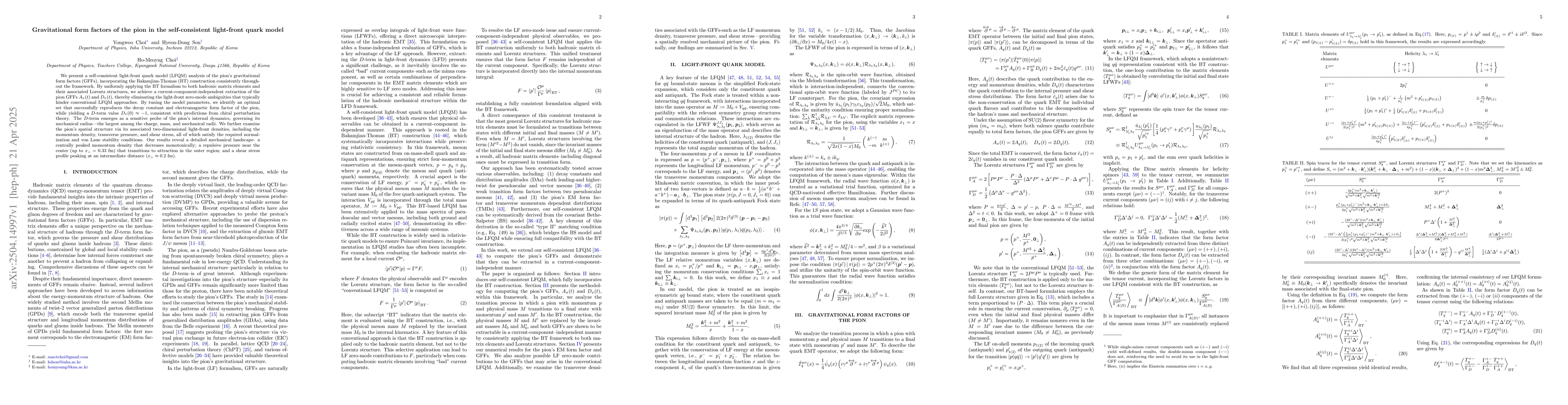 Thumbnail for Gravitational form factors of the pion in the self-consistent
  light-front quark model