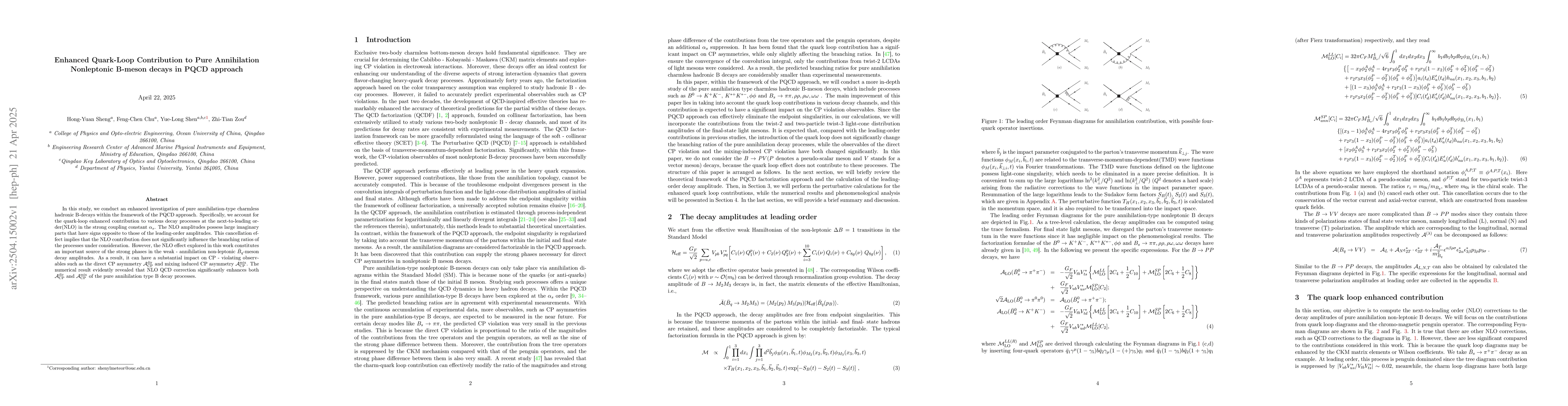 Thumbnail for Enhanced Quark-Loop Contribution to Pure Annihilation Nonleptonic
  B-meson decays in PQCD approach