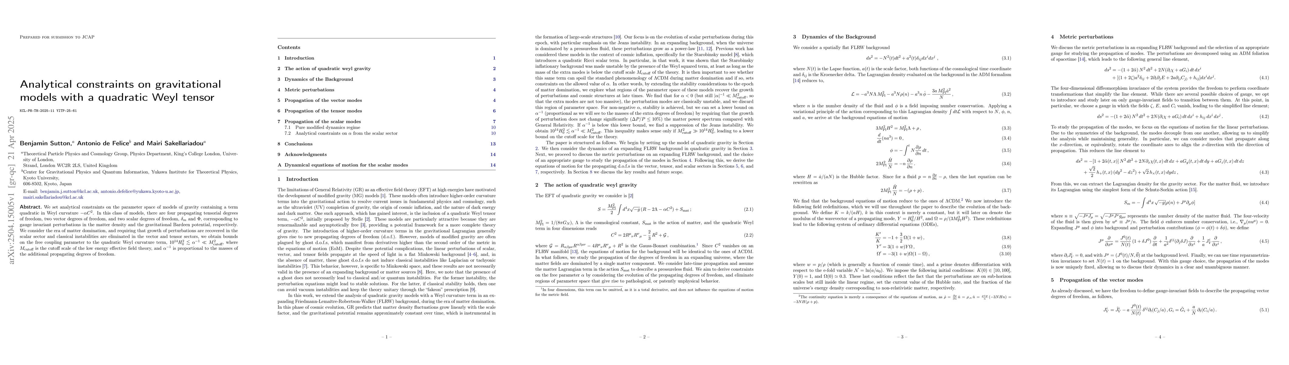 Thumbnail for Analytical constraints on gravitational models with a quadratic Weyl
  tensor