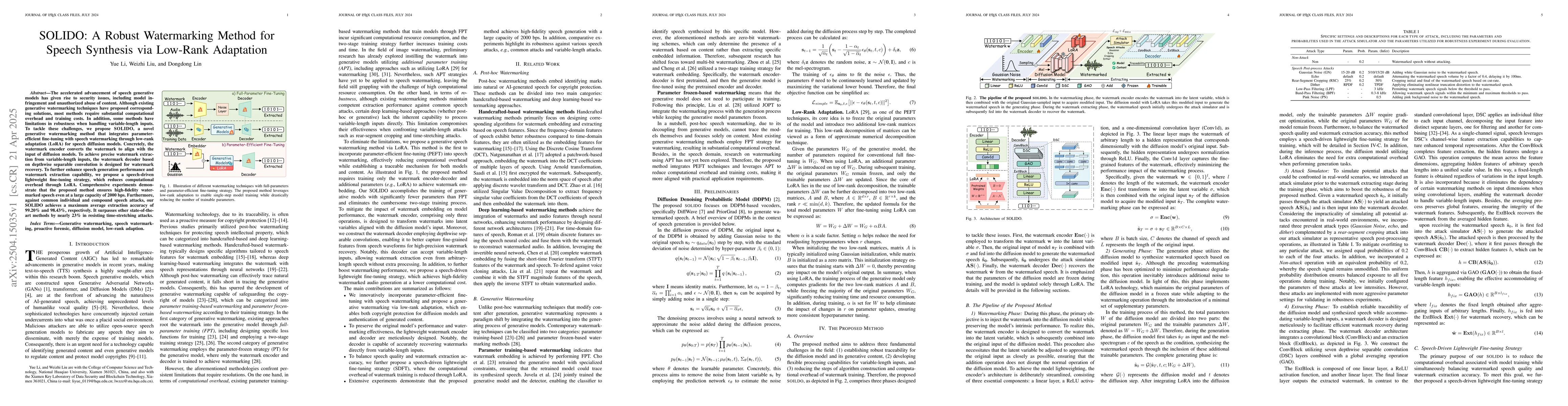Thumbnail for SOLIDO: A Robust Watermarking Method for Speech Synthesis via Low-Rank
  Adaptation
