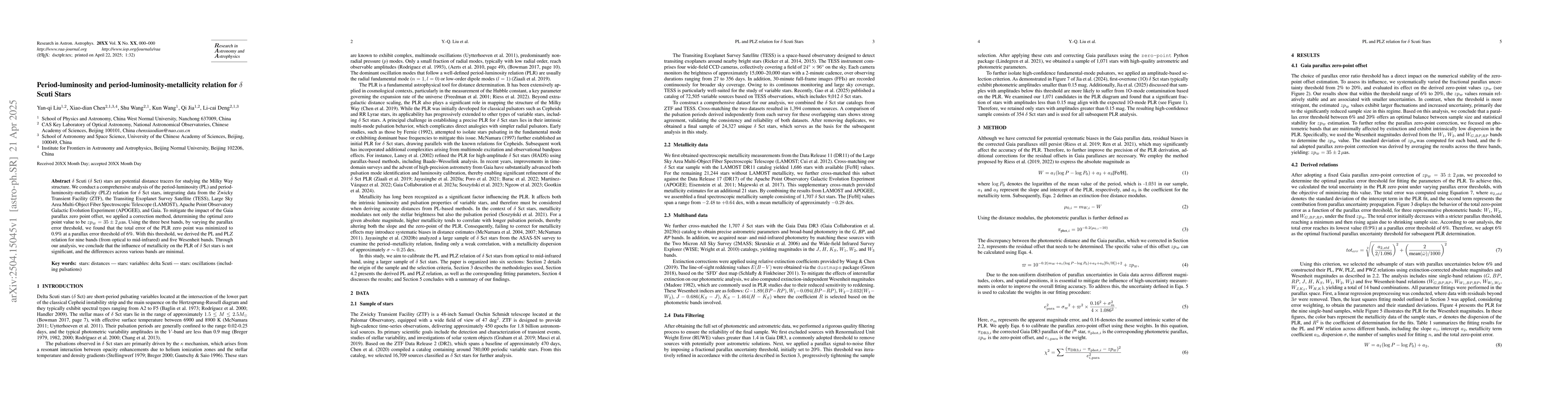Thumbnail for Period-luminosity and period-luminosity-metallicity relation for
  $δ$ Scuti Stars